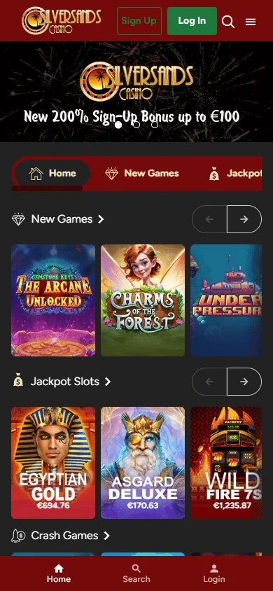 Silversands Casino games screen on a mobile device
