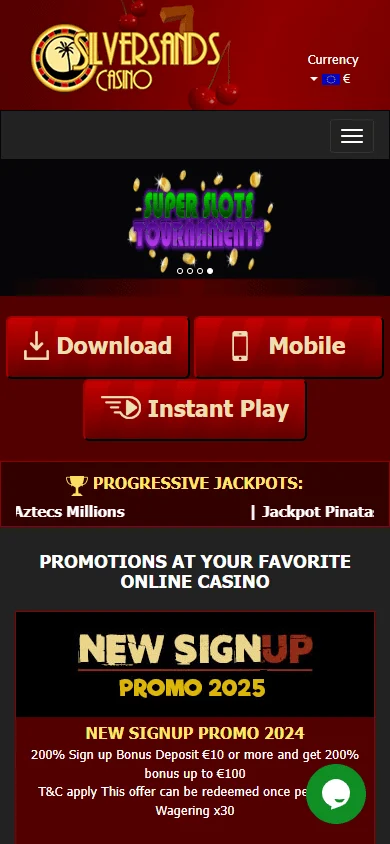 Silversands Casino home screen on a mobile device