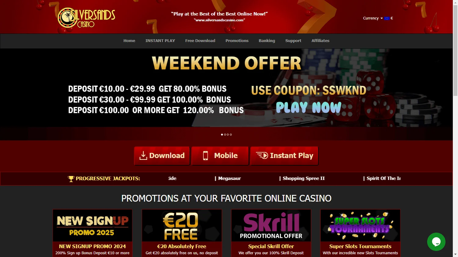 Silversands Casino home screen on desktop