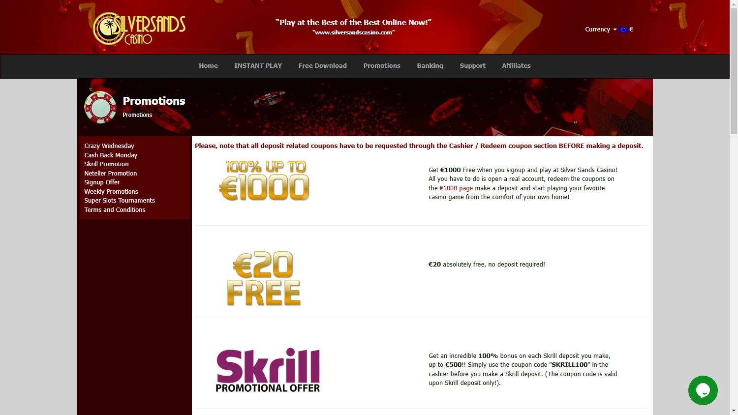 Silversands Casino promotions screen on desktop