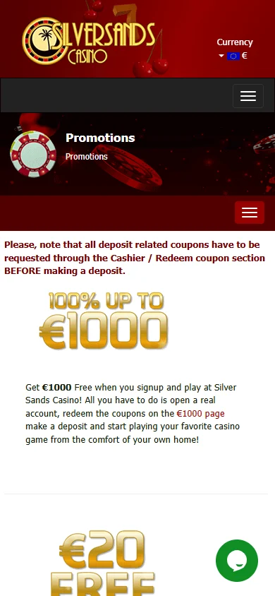 Silversands Casino promotions screen on a mobile device